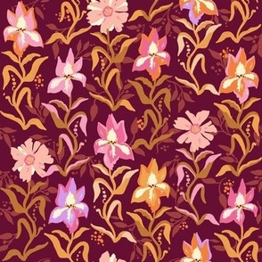 Pink Purple, Peach, Orange Irises on Burgandy - small scale fabric