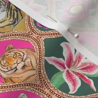 Year of the Tiger ! Tigers and lilies Ogee with Peony in fuchsia and forest green