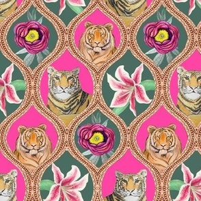 Year of the Tiger ! Tigers and lilies Ogee with Peony in fuchsia and forest green