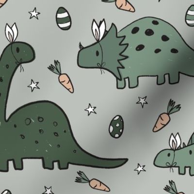 Green Easter Dinosaurs on Light Grey - large scale 