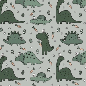 Green Easter Dinosaurs on Light Grey - large scale 