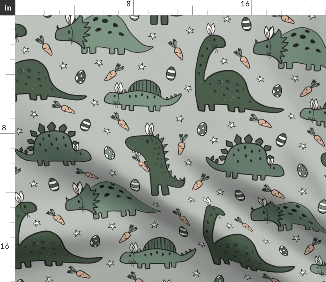 Green Easter Dinosaurs on Light Grey - large scale 