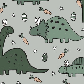 Green Easter Dinosaurs on Light Grey - extra large scale