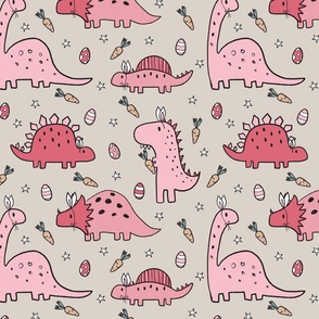 Pink Easter Dinosaurs on Beige Raspberry Pattern Co