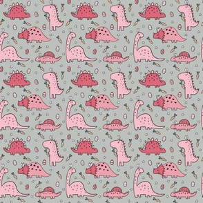 Pink Easter Dinosaurs on Light Grey- medium scale 