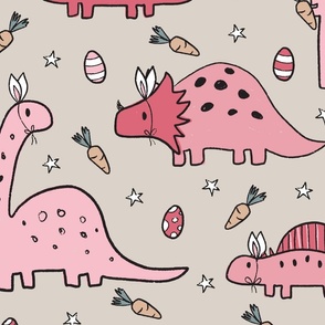 Pink Easter Dinosaurs on Beige - extra large scale 