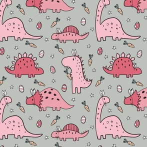 Pink Easter Dinosaurs on Light Grey - large scale 