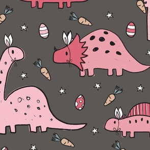 Pink Easter Dinosaurs on Dark Grey - extra large scale