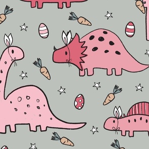 Pink Easter Dinosaurs on light Grey - extra large scale