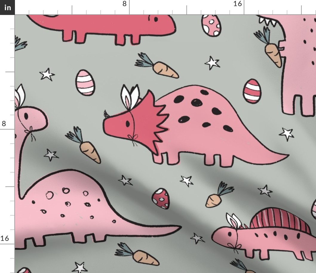 Pink Easter Dinosaurs on light Grey - extra large scale