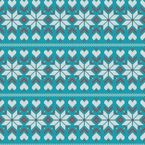 Retro Christmas knit hearts stars aqua blue