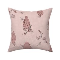 pink cyprus vases and berries on light rose wallpaper