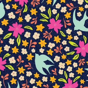 Swallows among the Flowers - Birds Floral - Navy - Jumbo version  24"