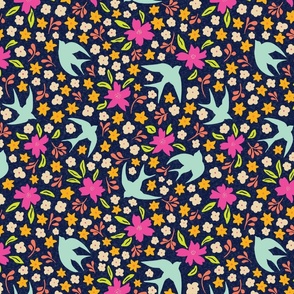 Swallows among the Flowers - Birds Floral - Navy - Medium Scale 12"