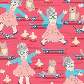 Granny on a Skateboard, Pink dress on a dark pink background