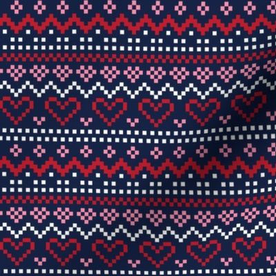 fair isle hearts red pink on navy LG - christmas knits