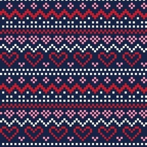 fair isle hearts red pink on navy LG - christmas knits