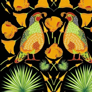 Quail Birds and Californian Poppies on Black