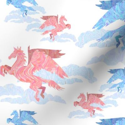 Pink and Blue Marble Pegasus on Blue Clouds