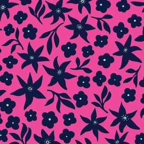 Midnight Blue Florals on Hot Pink Flowers -  Medium Scale - 12"