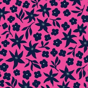 Midnight Blue Florals on Hot Pink Flowers - Large Scale - 24"
