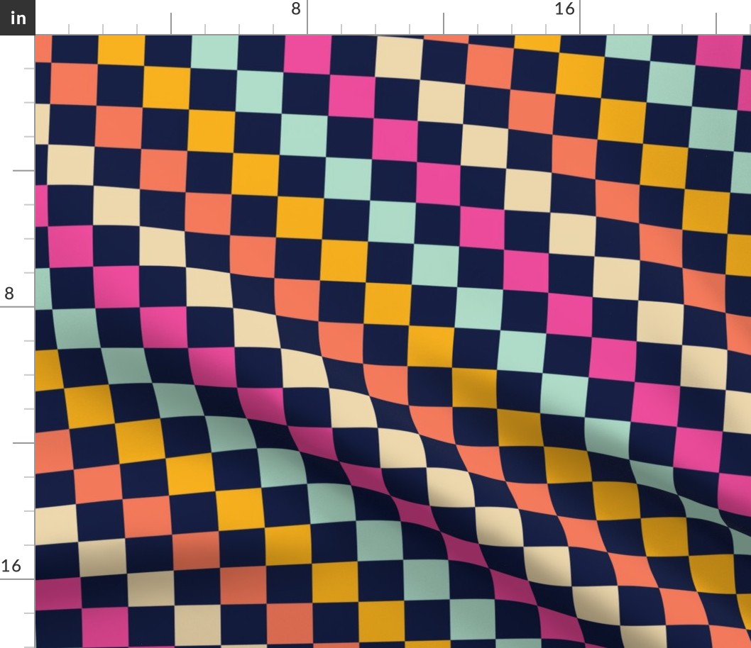 Diagonal Checkered Checks Stripes - Midnight Blue, Hot Pink,  Mint, Marigold, Papaya  - Medium Scale 12"