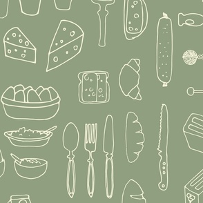(large) Morning mess - Cream breakfast items on green background