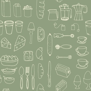 (medium) Morning mess - Cream breakfast items on green background