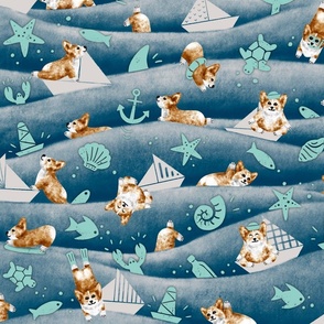 corgis nautical adventures - corgis, marine, dogs, pets, swimming, Nautical Adventures - sailing boats, boats, cute dogs, funny dogs, maritime, nautical, sail boats, small dogs