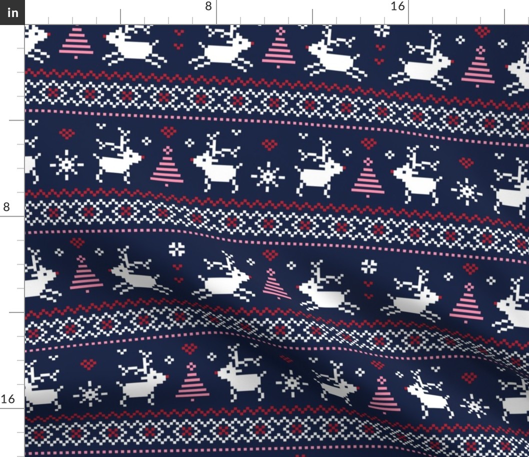fair isle reindeer red pink on navy LG - christmas knits
