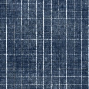 Hand Drawn Checks on Navy Blue (large scale) | Rustic fabric in dark blue and white, linen texture checked fabric, windowpane fabric, tartan, plaid, grid pattern, squares fabric.
