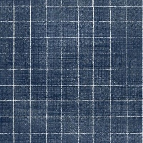 Hand Drawn Checks on Navy Blue (xl scale) | Rustic fabric in dark blue and white, linen texture checked fabric, windowpane fabric, tartan, plaid, grid pattern, squares fabric.
