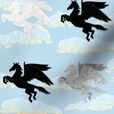 Black White and Gray Pegasus in Sunset Sky