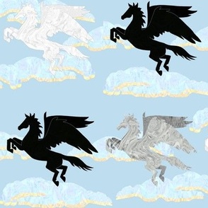 Black White and Gray Pegasus in Sunset Sky