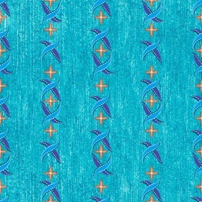 Church crosses and ribbons on faux linen cyan background