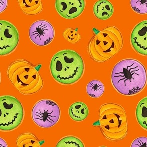 Large Scale Trick or Treat Halloween Cookies Pumpkins Spiders Monsters on Carrot Orange