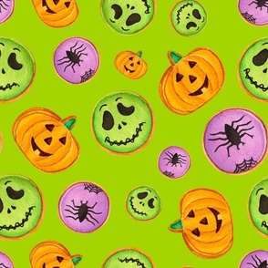Large Scale Trick or Treat Halloween Cookies Pumpkins Spiders Monsters on Lime Green