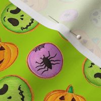 Medium Scale Trick or Treat Halloween Cookies Pumpkins Spiders Monsters on Lime Green