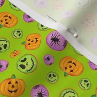 Small Scale Trick or Treat Halloween Cookies Pumpkins Spiders Monsters on Lime Green