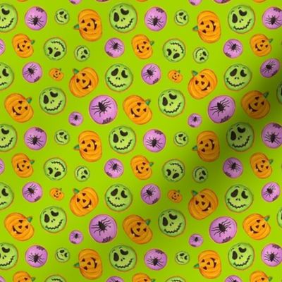 Small Scale Trick or Treat Halloween Cookies Pumpkins Spiders Monsters on Lime Green