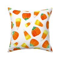 Large Scale Trick or Treat Halloween Candy Corn and Pumpkins Autumn Mellocremes on White