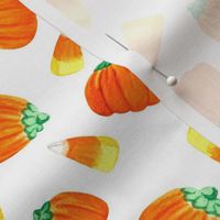 Medium Scale Trick or Treat Halloween Candy Corn and Pumpkins Autumn Mellocremes on White