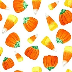 Medium Scale Trick or Treat Halloween Candy Corn and Pumpkins Autumn Mellocremes on White