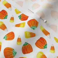 Small Scale Trick or Treat Halloween Candy Corn and Pumpkins Autumn Mellocremes on White