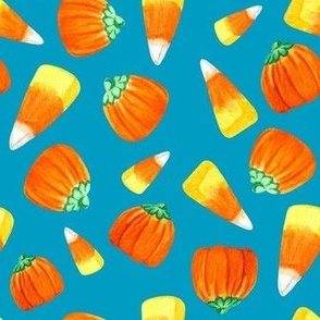Medium Scale Trick or Treat Halloween Candy Corn and Pumpkins Autumn Mellocremes on Caribbean Blue