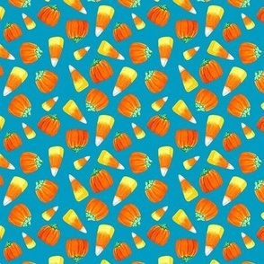 Small Scale Trick or Treat Halloween Candy Corn and Pumpkins Autumn Mellocremes on Caribbean Blue