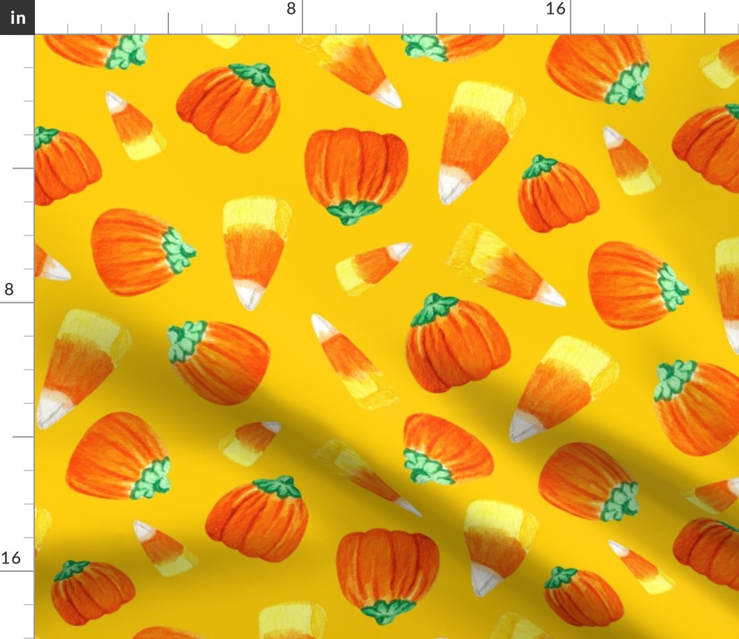 Large Scale Trick or Treat Halloween Candy Corn and Pumpkins Autumn Mellocremes on Golden Yellow