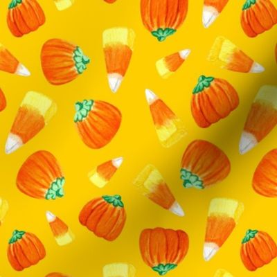 Medium Scale Trick or Treat Halloween Candy Corn and Pumpkins Autumn Mellocremes on Golden Yellow