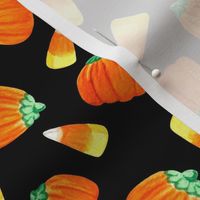 Medium Scale Trick or Treat Halloween Candy Corn and Pumpkins Autumn Mellocremes on Black