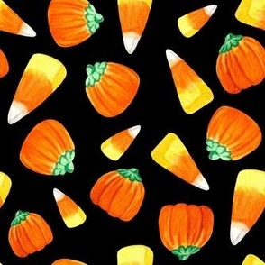 Medium Scale Trick or Treat Halloween Candy Corn and Pumpkins Autumn Mellocremes on Black